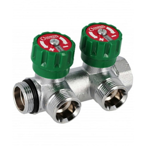 Коллектор Hoobs 3/4"x2x3/4"EK латунный хром. с вентилями 2 выхода, зеленая ручка 03101H