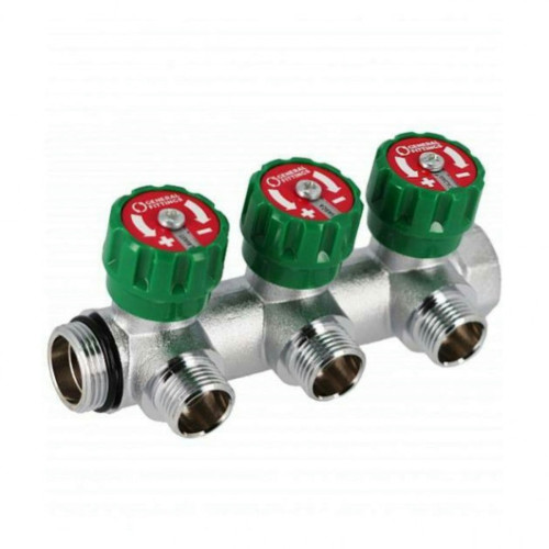 Коллектор Hoobs 3/4"x3x3/4"EK латунный хром. с вентилями 3 выхода, зеленая ручка 03102H
