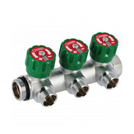 Коллектор Hoobs 1"x3x3/4"EK латунный хром. с вентилями 3 выхода, зеленая ручка 03105H
