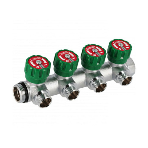 Коллектор Hoobs 1"x4x3/4"EK латунный хром. с вентилями 4 выхода, зеленая ручка 03106H
