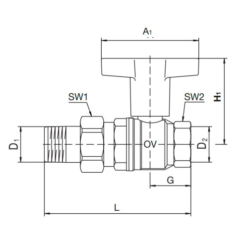 Кран шаровый с американкой Oventrop Optibal 1/2" НР/BР c высокой Т-ручкой (арт.1075704)