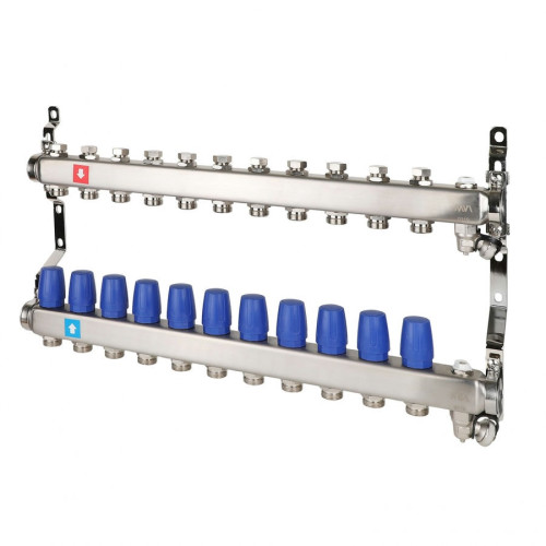 Коллектор без расходомеров с дренажным краном и воздухоотводчиком MVI 1"х3/4"ЕК 11 выходов
