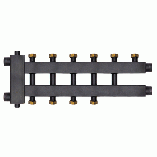 Коллектор с гидроразделителем Warme WKD.R.85.К.F.3+2+1 (Дублер компакт) черная сталь на 6 контуров до 85 кВт с накидными гайками