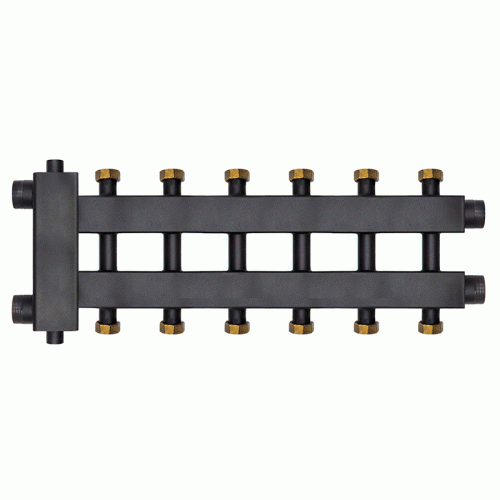 Коллектор с гидроразделителем Warme WKD.R.85.К.F.3+3+1 (Дублер компакт) черная сталь на 7 контуров до 85 кВт с накидными гайками