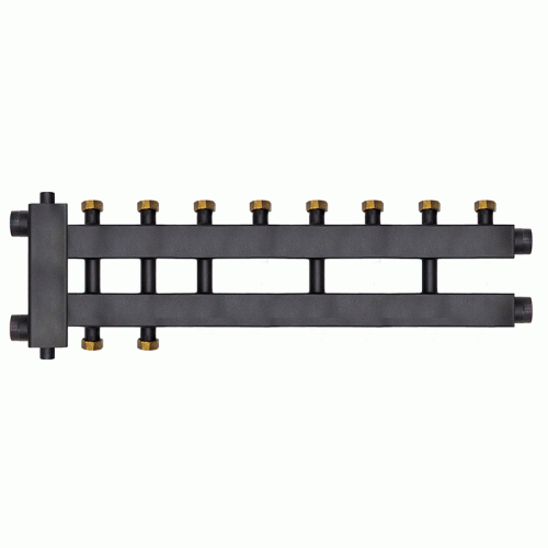 Коллектор с гидроразделителем Warme WKD.R.85.К.F.4+1+1 (Дублер компакт) черная сталь на 6 контуров до 85 кВт с накидными гайками