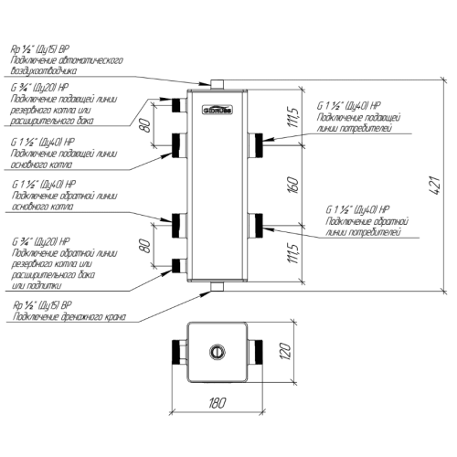 Гидрострелка Gidruss GRSS-150-40 до 150 кВт 1 1/2" нержавеющая сталь