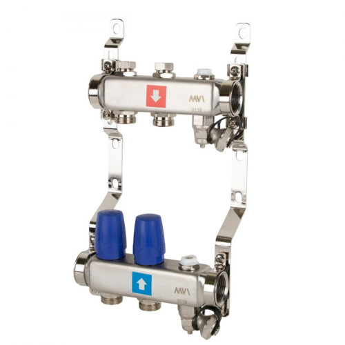 Коллектор без расходомеров с дренажным краном и воздухоотводчиком MVI 1"х3/4"ЕК 2 выхода