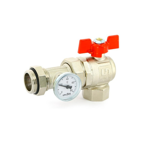 Кран шаровой угловой Uni-Fitt 1" с термометром ручка-бабочка (арт.138T4000)