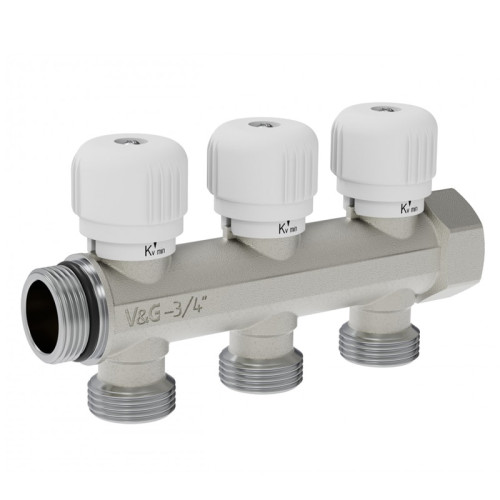 Коллектор распределительный с вентильной регулировкой V&G Valogin 3/4"х3/4" на 3 выхода