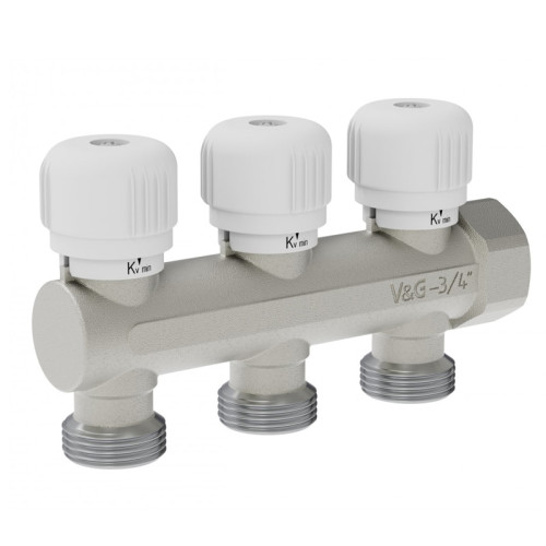 Коллектор тупиковый с вентильной регулировкой V&G Valogin 3/4"х3/4" на 3 выхода