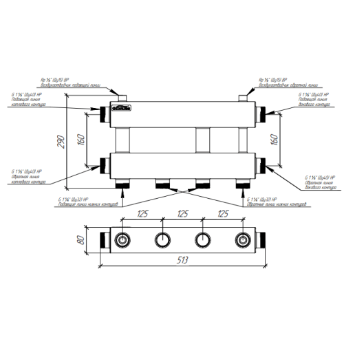 Коллектор нержавеющий модульный Gidruss MKSS-150-2х32 до 150 кВт 1 1/2" 3 контура