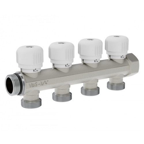 Коллектор распределительный с вентильной регулировкой V&G Valogin 3/4"х3/4" на 4 выхода