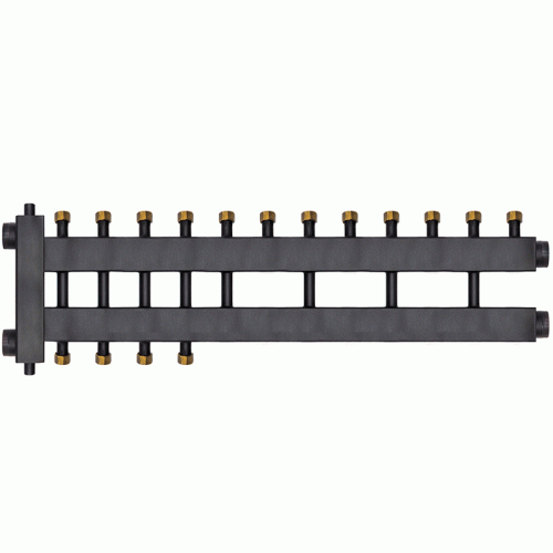 Коллектор с гидроразделителем Warme WKD.R.85.К.F.6+2+1 (Дублер компакт) черная сталь на 9 контуров до 85 кВт с накидными гайками