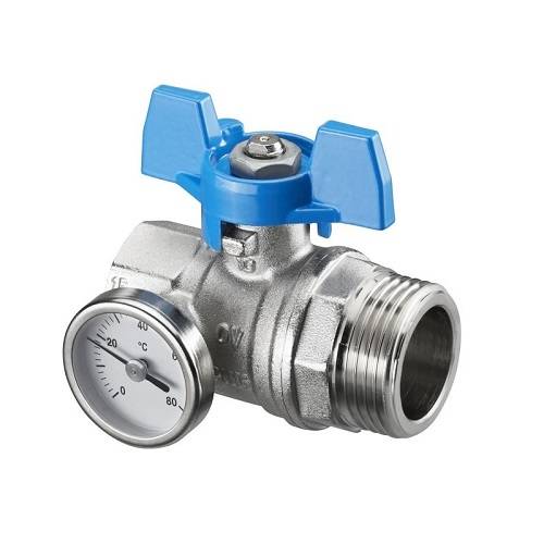 Шаровой кран Oventrop с плоским уплотнением Ду25 с термометром (0–80 °C) с синей рукояткой арт. 1406584
