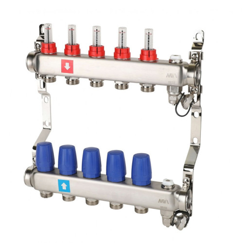 Коллектор с расходомерами дренажным краном и воздухоотводчиком MVI 1"х3/4"ЕК 5 выходов
