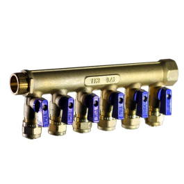 Коллектор для воды Tim на 6 выходов 16x3/4" синие ручки