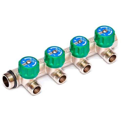 Коллектор латунный для воды Uni-Fitt 3/4"x1/2" 4 выхода плоское уплотнение (арт.411N3240)