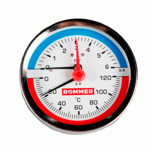 Термоманометр аксиальный Rommer 80 мм 1/2" 0-6 бар с клапаном