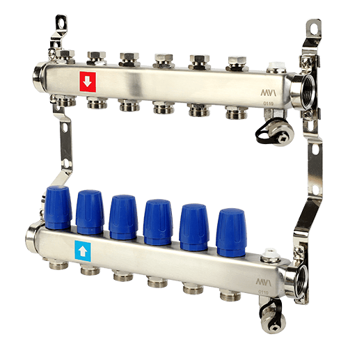 Коллектор без расходомеров с дренажным краном и воздухоотводчиком MVI 1"х3/4"ЕК 6 выходов