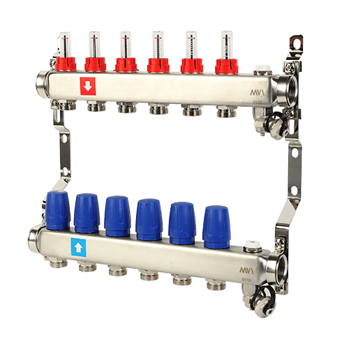 Коллектор с расходомерами дренажным краном и воздухоотводчиком MVI 1"х3/4"ЕК 6 выходов