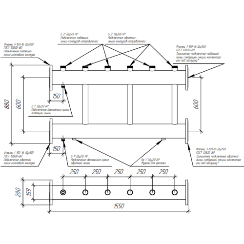 Коллектор модульный Gidruss MK-2000-3х50 до 2000 кВт ДУ 150 3 контура
