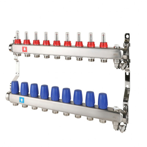 Коллектор с расходомерами дренажным краном и воздухоотводчиком MVI 1"х3/4"ЕК 9 выходов
