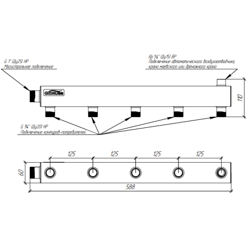 Коллектор распределительный нержавеющий Gidruss DMSS-25-20х5 1" 5 контуров