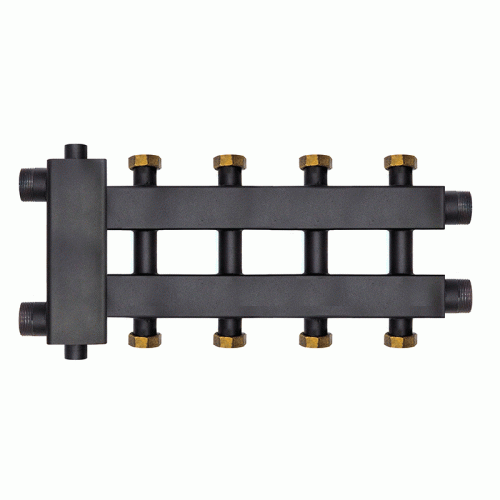 Коллектор с гидроразделителем Warme WKD.R.85.К.F.2+2+1 (Дублер компакт) черная сталь на 5 контуров до 85 кВт с накидными гайками