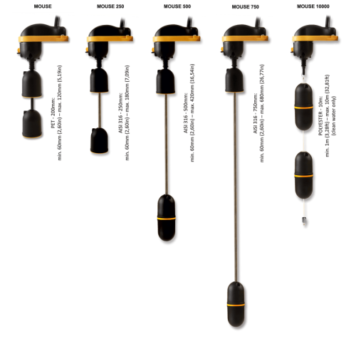 Регулятор уровня вертикальный Tecnoplastic MOUSE 750 (60-680 мм - AlCl 316) с неопрен. кабелем двойного действия 2 м B H05 RNF 3X1. 10(8)A - 250 В (M7B53X102NG01)