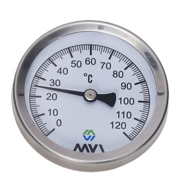 Термометр аксиальный MVI, биметаллический, диапазон показаний от 0°C до 120°C, диаметр корпуса 63 мм, погружной, подключение G1/2