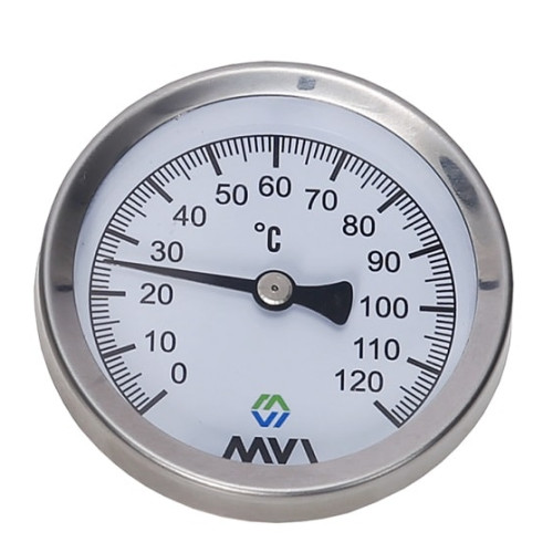 Термометр аксиальный MVI, биметаллический, диапазон показаний от 0°C до 120°C, диаметр корпуса 63 мм, погружной, подключение G1/2