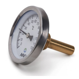 Термометр аксиальный MVI, биметаллический, диапазон показаний от 0°C до 120°C, диаметр корпуса 63 мм, погружной, подключение G1/2