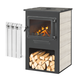 Печь-камин Этна Панорама с плитой и теплообменником бежевый