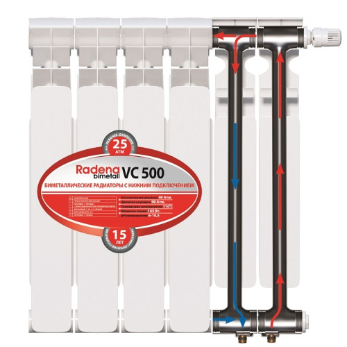 Биметаллический радиатор Radena с нижним подключением VC 500/ 6 секции