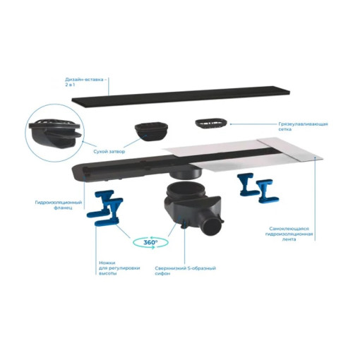 Трап для душа Bettoserb нержавеющий Frameless Matte Black 750 двухсторонняя вставка