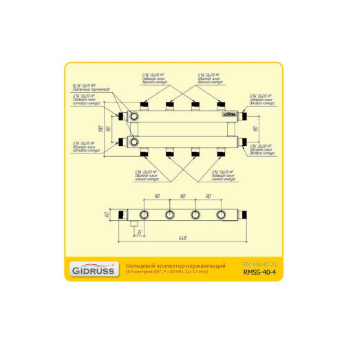 Кольцевой коллектор Gidruss для отопления на 4 - 5 контуров RMSS-40-4