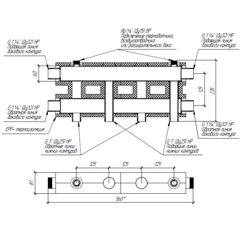Коллектор модульный Gidruss MK-100-2.EPP до 100 кВт 1 1/4" 3 контура EPP термоизоляция