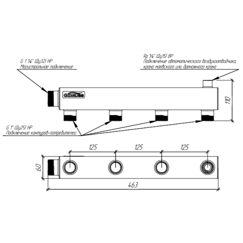 Коллектор распределительный нержавеющий Gidruss DMSS-32-25х4 1 1/4" 4 контура