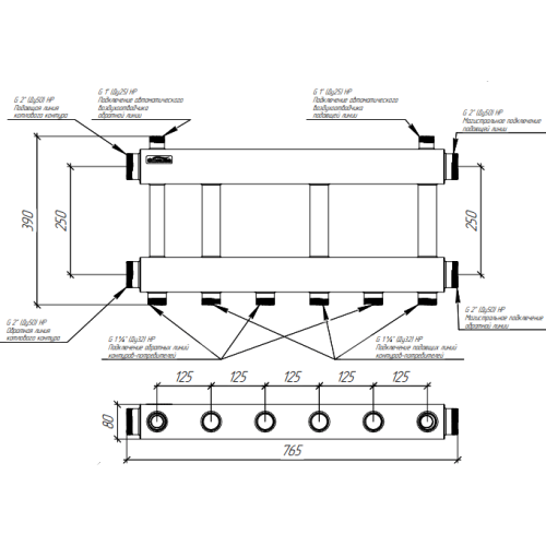 Коллектор нержавеющий модульный Gidruss MKSS-250-3х32 до 250 кВт 2" 3 контура