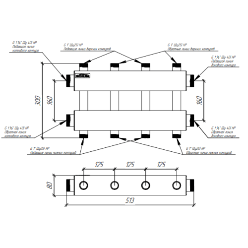 Коллектор нержавеющий модульный Gidruss MKSS-150-4DUх25 до 150 кВт 1 1/2" 5 контуров