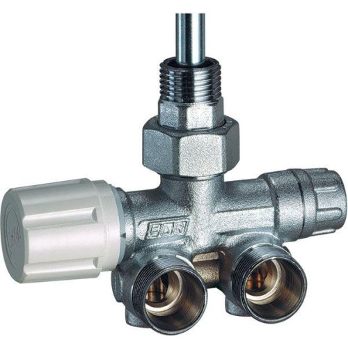 FAR Хромированный терморегулирующий левый угловой узел нижнего подключения для одно- и двухтрубных систем с центральным подключением к отопительному прибору. Снабжен зондом длиной 45 см и диаметром 10 мм. 1/2"