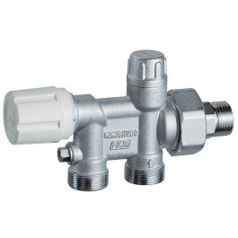 FAR Хромированный узел нижнего подключения с терморегулирующим и запорным вентялями для одно- и двухтрубных систем. 1/2"  Для "прямого" соединения медных, пластиковых и металлопластиковых труб