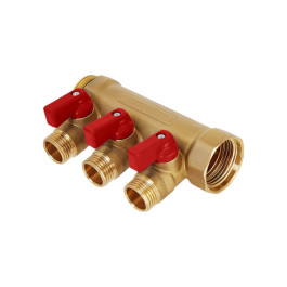 Коллектор Hoobs 3/4"х3х1/2"EK с шаровыми кранами, латунь, красная ручка HB-6200R6H0504R3A