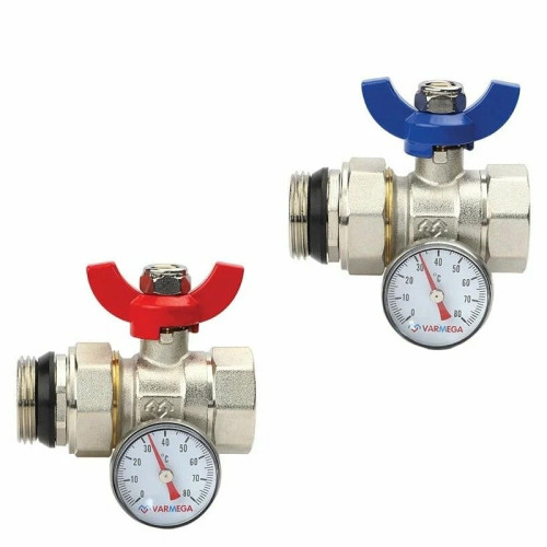 Комплект прямых шаровых кранов Varmega 1"х3/4" с разъемным соединением, с термометром