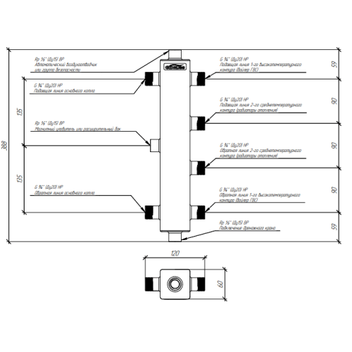 Термогидравлический разделитель нержавеющий Gidruss TGRSS-40-20х2 до 40 кВт 3/4" 2 контура