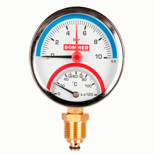 Термоманометр радиальный Rommer 80 мм 1/2" 0-10 бар с клапаном