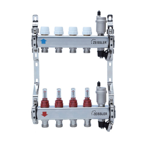 Коллектор Tim с расходомерами 5 выходов нерж. с термостатическими и дренажными клапанами (арт.ZSc.405.0605S)