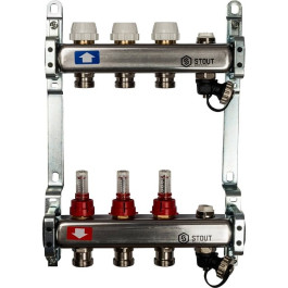 Коллектор из нержавеющей стали с расходомерами, с клапаном вып. воздуха и сливом 3 вых. Stout SMS-0927-000003