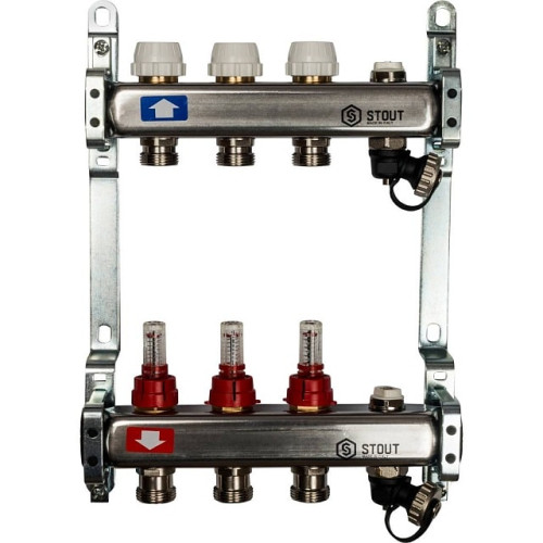 Коллектор из нержавеющей стали с расходомерами, с клапаном вып. воздуха и сливом 3 вых. Stout SMS-0927-000003