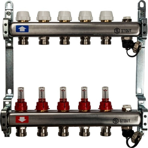 Коллектор из нержавеющей стали с расходомерами, с клапаном вып. воздуха и сливом 5 вых. Stout SMS-0927-000005